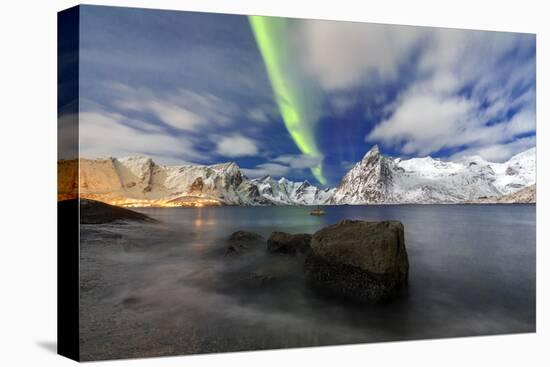 Northern Lights (Aurora Borealis) Illuminate Hamnoy Village and Snowy Peaks-Roberto Moiola-Stretched Canvas