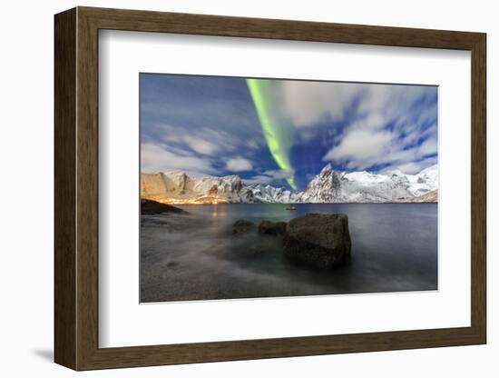 Northern Lights (Aurora Borealis) Illuminate Hamnoy Village and Snowy Peaks-Roberto Moiola-Framed Photographic Print