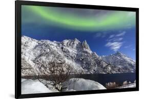 Northern Lights (Aurora Borealis) Illuminate the Snowy Peaks and the Blue Sky During a Starry Night-Roberto Moiola-Framed Photographic Print