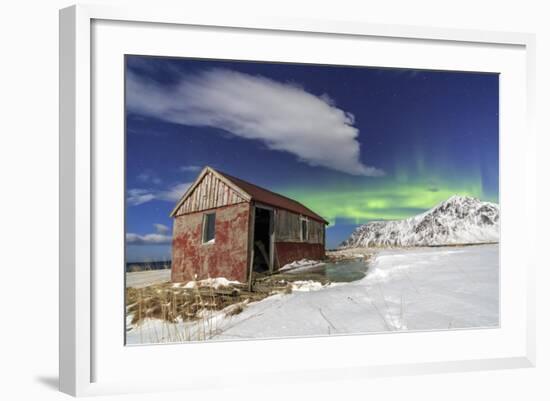 Northern Lights (Aurora Borealis) over an Abandoned Log Cabin Surrounded by Snow and Ice-Roberto Moiola-Framed Photographic Print