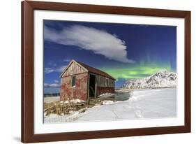 Northern Lights (Aurora Borealis) over an Abandoned Log Cabin Surrounded by Snow and Ice-Roberto Moiola-Framed Photographic Print