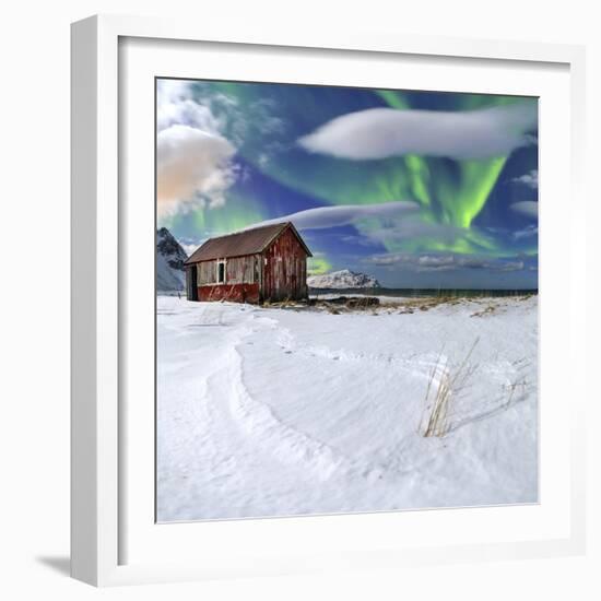 Northern Lights (Aurora Borealis) over an Abandoned Log Cabin Surrounded by Snow-Roberto Moiola-Framed Photographic Print