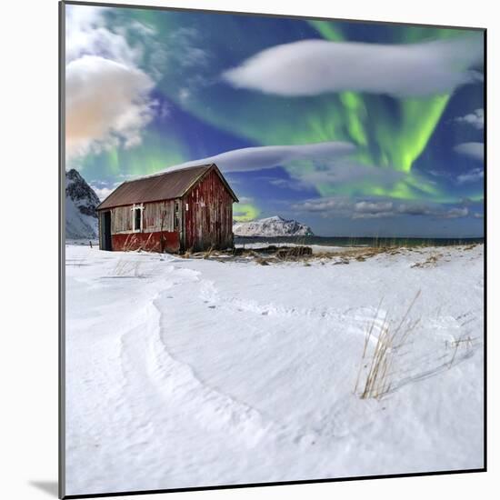Northern Lights (Aurora Borealis) over an Abandoned Log Cabin Surrounded by Snow-Roberto Moiola-Mounted Photographic Print