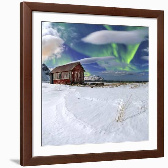 Northern Lights (Aurora Borealis) over an Abandoned Log Cabin Surrounded by Snow-Roberto Moiola-Framed Photographic Print