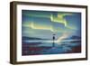 Northern Lights Aurora Borealis over Man Holding Glowing Umbrella,Illustration Painting-Tithi Luadthong-Framed Premium Giclee Print