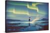 Northern Lights Aurora Borealis over Man Holding Glowing Umbrella,Illustration Painting-Tithi Luadthong-Stretched Canvas