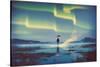 Northern Lights Aurora Borealis over Man Holding Glowing Umbrella,Illustration Painting-Tithi Luadthong-Stretched Canvas