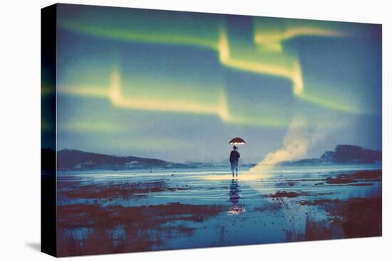 Northern Lights Aurora Borealis over Man Holding Glowing Umbrella,Illustration Painting-Tithi Luadthong-Stretched Canvas