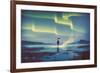 Northern Lights Aurora Borealis over Man Holding Glowing Umbrella,Illustration Painting-Tithi Luadthong-Framed Art Print