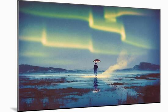 Northern Lights Aurora Borealis over Man Holding Glowing Umbrella,Illustration Painting-Tithi Luadthong-Mounted Art Print
