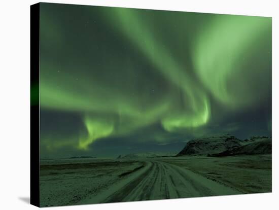 Northern Lights, Aurora Borealis, Winter Road With Snow, Iceland-Peter Adams-Stretched Canvas