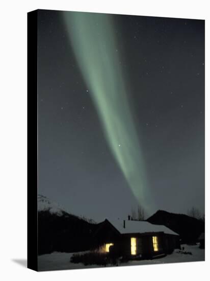 Northern Lights Curtain of Green Over a Miner's Cabin, Brooks Range, Alaska, USA-Hugh Rose-Stretched Canvas