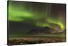 Northern lights over Flakstad and Skagsanden beach. The coast near Flakstad, island Flakstadoya. Th-Martin Zwick-Stretched Canvas