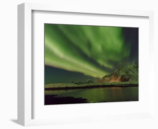 Northern Lights over Flakstadoya. The Lofoten Islands in northern Norway during winter.-Martin Zwick-Framed Photographic Print