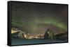 Northern Lights over Port City in Norway in Winter with Stars and Stones in the Foreground-Niki Haselwanter-Framed Stretched Canvas