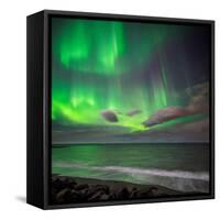 Northern Lights over the Waves Breakiing on the Beach in Seltjarnarnes, Reykjavik, Iceland-null-Framed Stretched Canvas