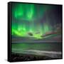 Northern Lights over the Waves Breakiing on the Beach in Seltjarnarnes, Reykjavik, Iceland-null-Framed Stretched Canvas