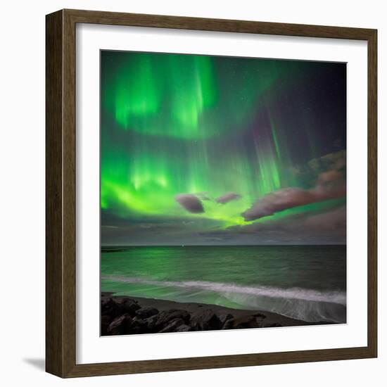 Northern Lights over the Waves Breakiing on the Beach in Seltjarnarnes, Reykjavik, Iceland-null-Framed Photographic Print