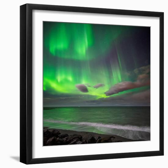 Northern Lights over the Waves Breakiing on the Beach in Seltjarnarnes, Reykjavik, Iceland-null-Framed Photographic Print