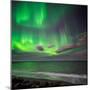 Northern Lights over the Waves Breakiing on the Beach in Seltjarnarnes, Reykjavik, Iceland-null-Mounted Photographic Print