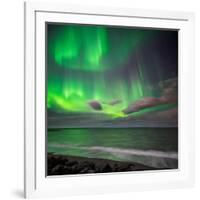 Northern Lights over the Waves Breakiing on the Beach in Seltjarnarnes, Reykjavik, Iceland-Ragnar Th Sigurdsson-Framed Photographic Print