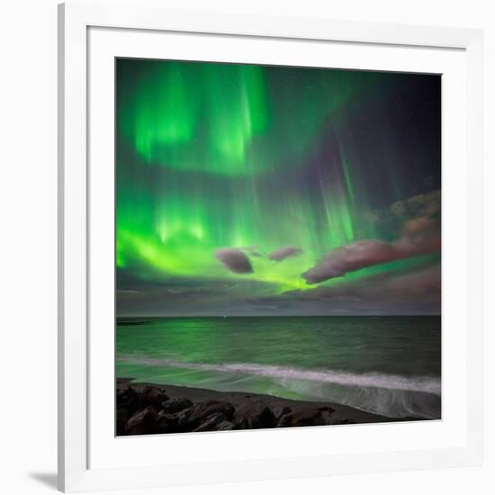 Northern Lights over the Waves Breakiing on the Beach in Seltjarnarnes, Reykjavik, Iceland-Ragnar Th Sigurdsson-Framed Photographic Print