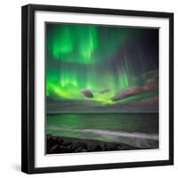 Northern Lights over the Waves Breakiing on the Beach in Seltjarnarnes, Reykjavik, Iceland-Ragnar Th Sigurdsson-Framed Photographic Print