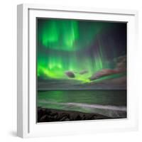 Northern Lights over the Waves Breakiing on the Beach in Seltjarnarnes, Reykjavik, Iceland-Ragnar Th Sigurdsson-Framed Photographic Print