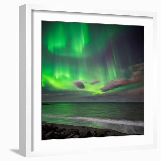 Northern Lights over the Waves Breakiing on the Beach in Seltjarnarnes, Reykjavik, Iceland-Ragnar Th Sigurdsson-Framed Photographic Print