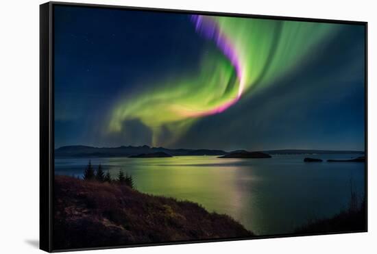 Northern Lights over Thingvallavatn or Lake Thingvellir. Thingvellir National Park. Iceland-null-Framed Stretched Canvas