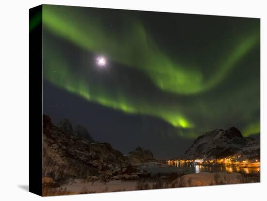 Northern Lights over village Maervoll, island Vestvagoy. Lofoten Islands. Norway-Martin Zwick-Stretched Canvas