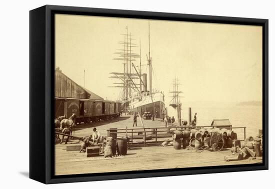 Northern Pacific Wharf, Tacoma, Washington, ca. 1890-Thomas Rutter-Framed Stretched Canvas