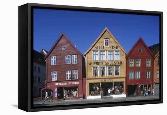 Norway, Bergen, Bryggen, Old Wharf, Tyskebryggen, German Wharf, Hanseatic Commercial Buildings-null-Framed Stretched Canvas