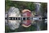 Norway, Stavanger. Boathouse, Dock, and Reflection on Lysefjord-Kymri Wilt-Stretched Canvas