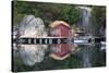 Norway, Stavanger. Boathouse, Dock, and Reflection on Lysefjord-Kymri Wilt-Stretched Canvas