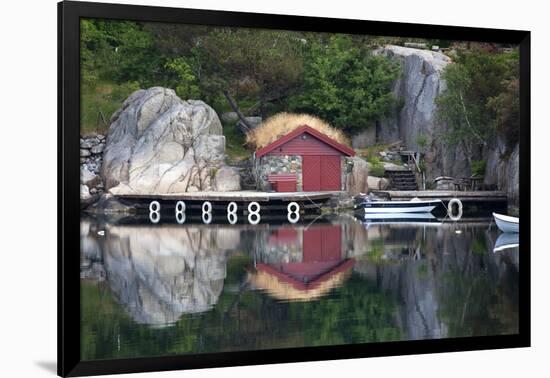 Norway, Stavanger. Boathouse, Dock, and Reflection on Lysefjord-Kymri Wilt-Framed Photographic Print