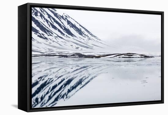 Norway, Svalbard, Monacobreen Glacier, Reflections of Mountains and Glacier-Ellen Goff-Framed Stretched Canvas