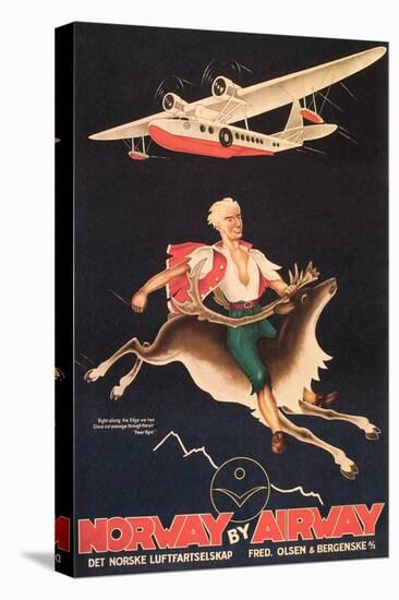 Norway Travel Poster, Man on Caribou-null-Stretched Canvas