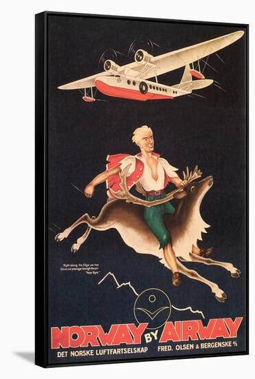 Norway Travel Poster, Man on Caribou-null-Framed Stretched Canvas