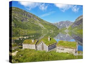Norway, Western Fjords, Sogn Og Fjordane, Sheep Infront of Traditional Cottages by Lake-Shaun Egan-Stretched Canvas