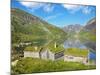 Norway, Western Fjords, Sogn Og Fjordane, Sheep Infront of Traditional Cottages by Lake-Shaun Egan-Mounted Photographic Print