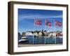 Norwegian Flags and Historic Harbour Warehouses, Stavanger, Norway, Scandinavia, Europe-Christian Kober-Framed Premium Photographic Print