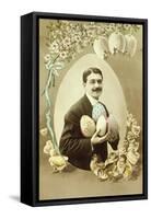 Nostalgia, Easter Postcard, Man, Easter Eggs, Holding, Chick, B/W, Colored, Postcard, Nostalgic-Starfoto-Framed Stretched Canvas