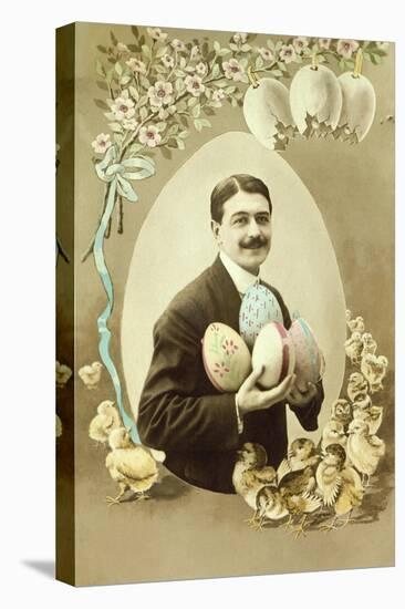 Nostalgia, Easter Postcard, Man, Easter Eggs, Holding, Chick, B/W, Colored, Postcard, Nostalgic-Starfoto-Stretched Canvas