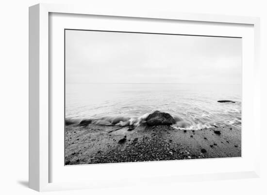 Nostalgic Sea. Waves Hitting in Rock in the Center. Black and White, far Horizon.-Michal Bednarek-Framed Photographic Print