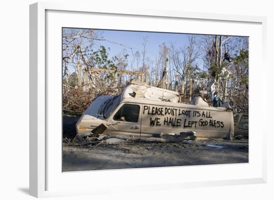 Note Written by Hurricane Katrina Victims on Vehicle Damged by Hurricane-John Cancalosi-Framed Photographic Print