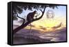 Notharctus Sits on a Tree Branch with Vitruvian Man as a Backdrop in the Sky-null-Framed Stretched Canvas