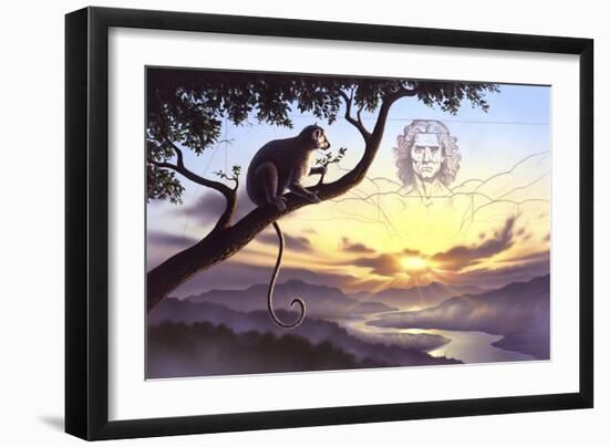 Notharctus Sits on a Tree Branch with Vitruvian Man as a Backdrop in the Sky-null-Framed Art Print