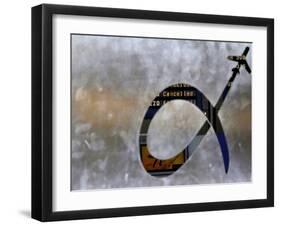 Notice Board is Seen Through Frosted Glass Bearing the Logo of Athens International Airport-null-Framed Photographic Print