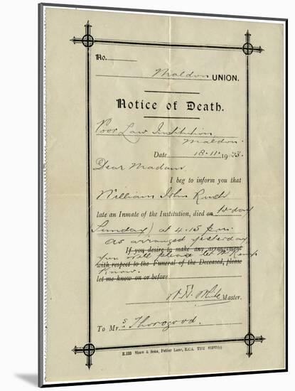 Notice of Death from Union Workhouse, Maldon, Essex-Peter Higginbotham-Mounted Photographic Print